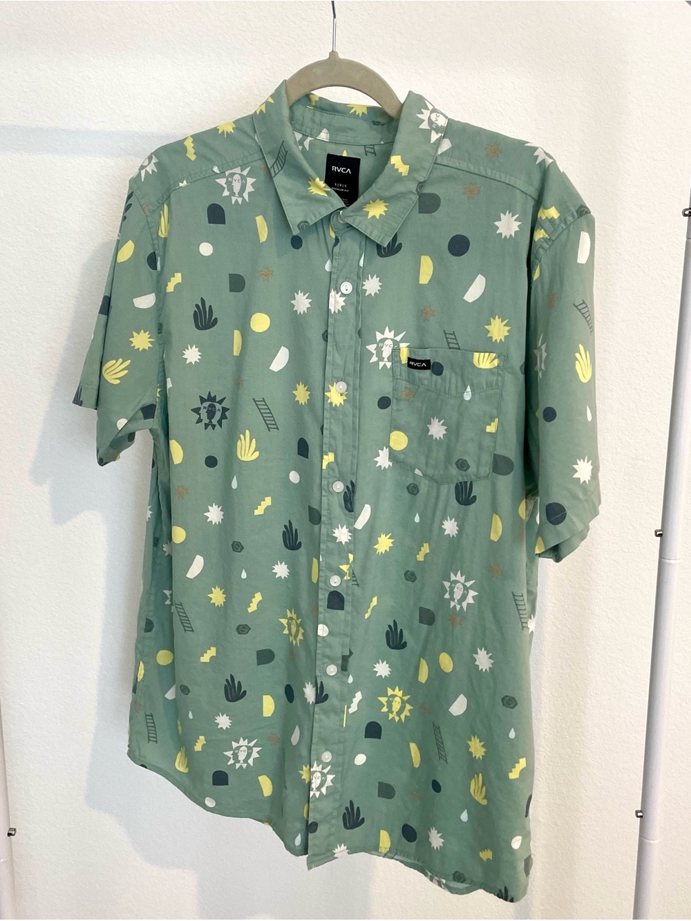 RVCA Sage Green Short-Sleeve Button-Up Shirt with Yellow & White Print